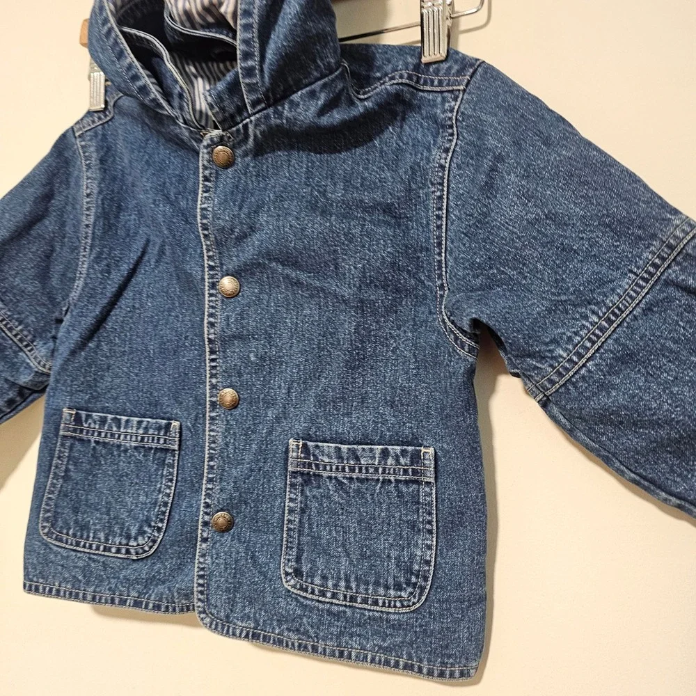 Lands End Denim Jacket Kids 4T Blue Hooded Striped Lining Chore Coat Coastal
